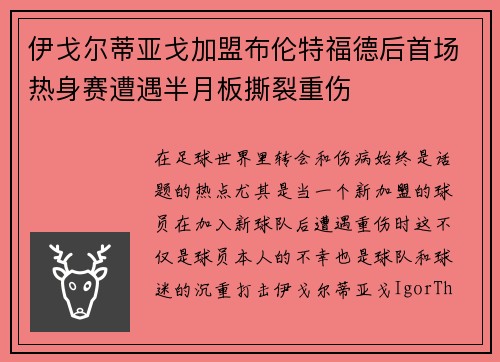 伊戈尔蒂亚戈加盟布伦特福德后首场热身赛遭遇半月板撕裂重伤 伊戈尔蒂亚戈加盟布伦特福德后首场热身赛遭遇半月板撕裂重伤
